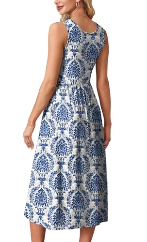 WIHOLL Summer Dresses for Women 2025 2026 Sleeveless Flowy Cute Casual Midi Dresses for Women Spring Dress Sundresses for Women Hawaiian Maxi Dress Blue Damask Print L