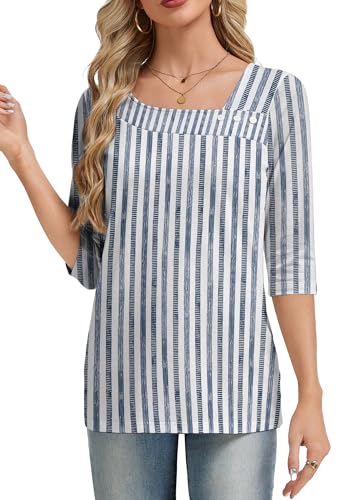 Dimur 3/4 Length Sleeve Womens Tops Asymmetrical Neck Stripes Print Top Ladies Blouses Resort Wear for Women 2026 X-Large