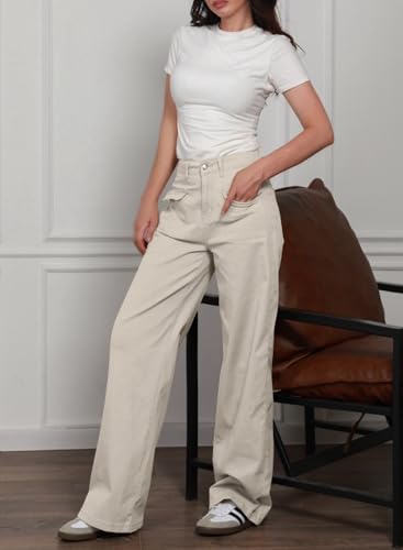 Dokotoo Khaki Women's Pants High Waisted Cargo Pants Women Baggy Jeans for Women Straight Wide Leg 2026 Spring Outfits Fashion Clothes Casual Trendy Pocket Teen Girls Trousers Stretch Denim