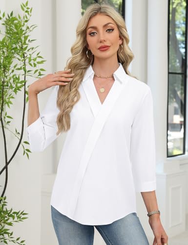 LOMON Womens Tops 3/4 Sleeve V Neck Collared Shirts Dressy Casual Blouses Business Casual Outfits Loose Fit Summer Clothes (White,L)