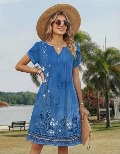 Zeagoo Spring Dresses for Women 2026 Womens Hawaiian Dresses Casual A Line Dress with Pockets Summer Bohemian Knee Length Loose Sundress Blue-PrintedL