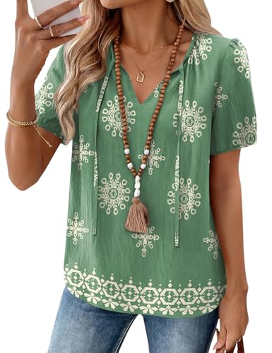 LOMON Boho Tops for Women Summer Peasant Blouses St Patrick's Day Shirt Cotton Linen Outfit Beach Vacation Clothes (Light Green Floral,XL)