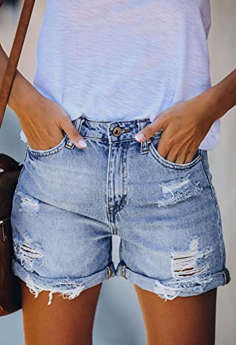 Pink Queen Ripped Jean Shorts for Women Spring Mid Waist Stretchy Denim Hot Shorts Distressed Rolled Hem Frayed Short Jeans with Pockets Blue L