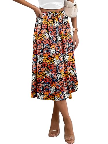 Angerella Womens' Casual Chiffon Midi Skirt with Pockets Floral Print Pleated High Waist Knee Length Skirt(Orange,M)