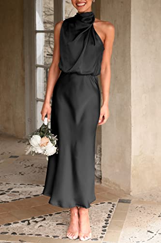 PRETTYGARDEN Women's 2025 Summer Satin Dress Elegant Sleeveless Mock Neck Cocktail Party Maxi Dresses (Black,Large)