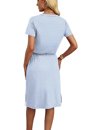 Spring Dresses for Women 2026 Midi Casual Summer Pretty Garden Beach Vacation Elegant Floral Dress Graduation Wedding Guest Date Outfits Work Dresses M Blue Striped
