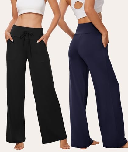 TNNZEET 3 Pack Women's Wide Leg Pants with Pockets - Casual Loose Yoga Trouser Pants Sweatpants Palazzo Lounge Pajama Pants
