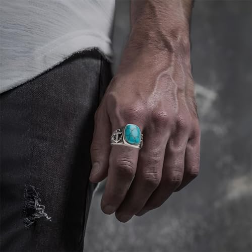 Anchor Sailor Genuine Turquoise Personalized Name Ring for Men,925 Sterling Silver Vintage Real Gemstone Pinky Thumb Western Nautical Band Ring for Dad Father Husband Anchor Sailor Lover, Size 13