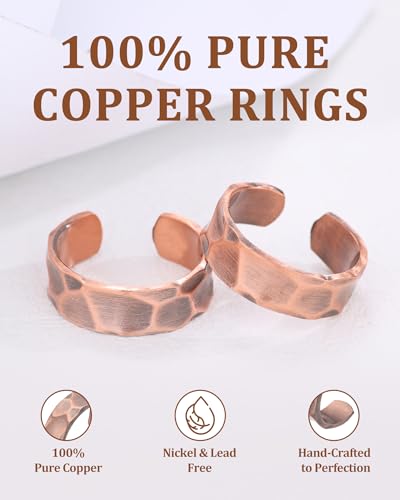 Fashtour 100% Pure Copper Rings for Women & Men (Two-Pack) — Solid Raw Copper — Uncoated Handmade Adjustable Open-End Tibetan Style Rings (Hammered)