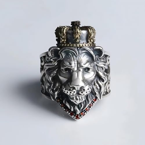 S925 Sterling Silver Vintage Ring for Men, Adjustable Size Open Hug Ring with S925 Stamps, Silver Band Rings Gift for Him, My Man, Son, Boyfriend, Dad (Lion King)