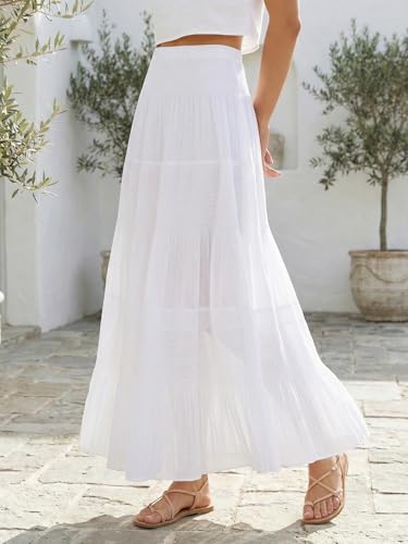 Shestellar Women's Floral Pleated Long Maxi Skirt | High Waist A-Line Flowy Summer Vacation Skirt - White M