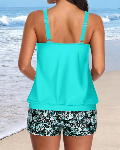 Aqua Eve Two Piece Women's Tankini Swimsuits Blouson Swim Tank Top with Shorts Modest Bathing Suits Blue Green Flower XL