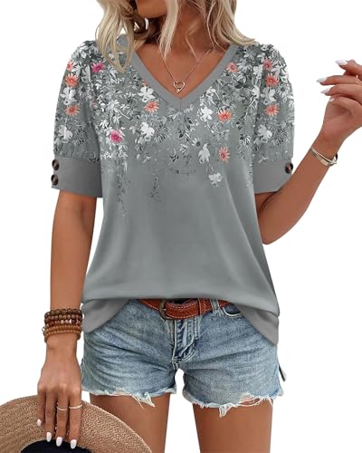 Womens Blouses Dressy Casual Short Sleeve Shirts Spring Business Work Floral Summer Tops Plus Size Fashion Clothing V Neck Tshirts Grey 2XL