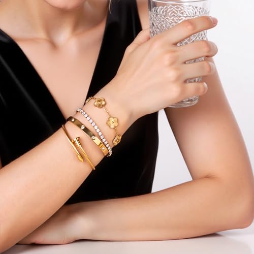 GIVCHO 18K Gold Plated Nail Love Bangle Bracelet Set for Women Stackable Floral Clover Adjustable Tennis Bracelet Non Tarnish Gift Jewelry for Christmas Valentines Birthday Mother's Day (Gold)