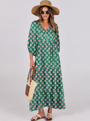 ANRABESS Womens Boho Maxi Dresses 2026 Summer V Neck Puff Sleeve Floral Flowy Swing Fall Casual Long Dress Green Small