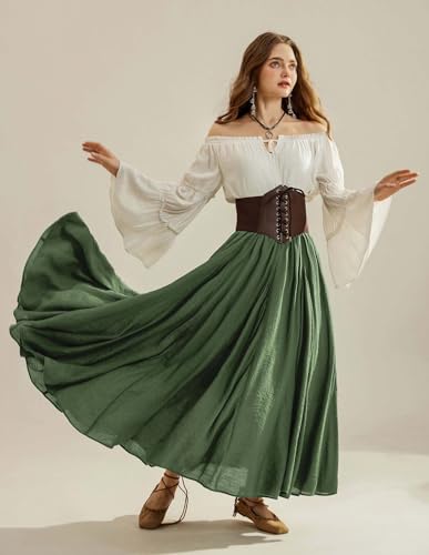 Scarlet Darkness Women Casual Maxi Skirt Flowy Bohemian Renaissance Long Skirts Olive Green S