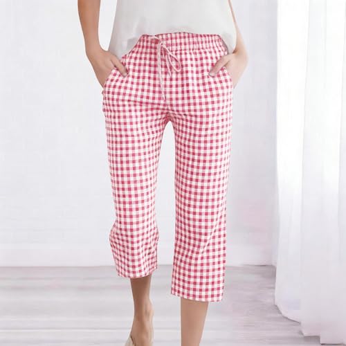 Bermuda Shorts for Womens Drawstring Elastic High Waisted Stripe and Gingham Wide Leg Beach Shorts Slacks with Pockets Pink