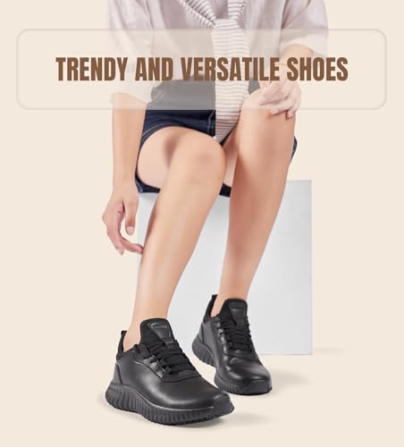SHULOOK Non Slip Work Shoes for Women Food Service Water Resistant Sneakers Waterproof Kitchen Chef Restaurant Lace Up Walking Lightweight Comfortable Nursing Working Footwear Black Size 7.5