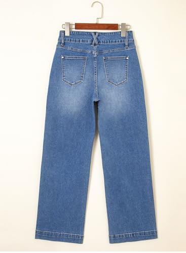 Astylish Women's Pants Wide Leg Jeans Woman Tummy High Waist Double Button Bootcut Trousers Stretchy Vintage Denim Jean Pants with Slanted Pockets Size 10 Sky Blue