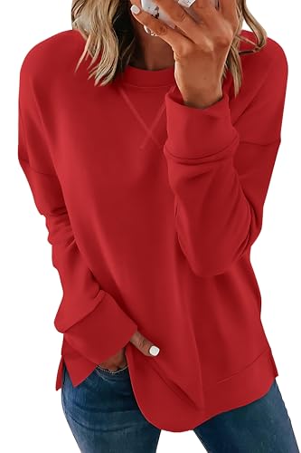 Womens Casual Loose Fit Sweatshirt Trendy Tops Crewneck Side Split Long Sleeve Shirts Red