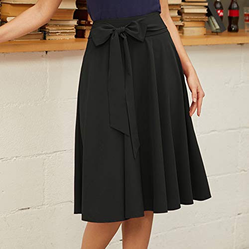 Women's High Waist A-Line Midi Skirt Pleated Pockets Skirts with Belt Black-1 Size XL