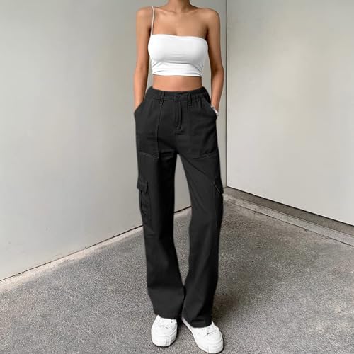 Lepunuo Cargo Pants for Women High Waisted Casual Pants Baggy Stretchy Wide Leg Y2K Streetwear with 6 Pockets Black