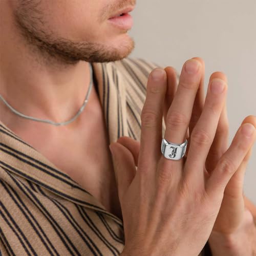 MOTICIUS Personalized Signet Rings for Men Women Engraved Ring Custom Initial Ring Mens Rings Customized Memorial Gifts for Father Husband Boyfriend Teacher (Square Silver)