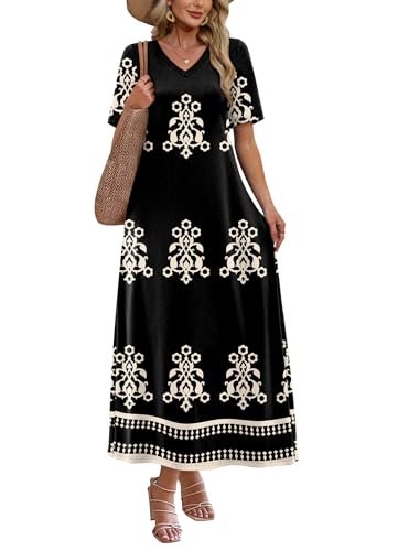 WIHOLL Dresses for Women 2026 Vacation Casual Maxi Summer Dress V Neck Cruise Outfits for Women Bohemia XL