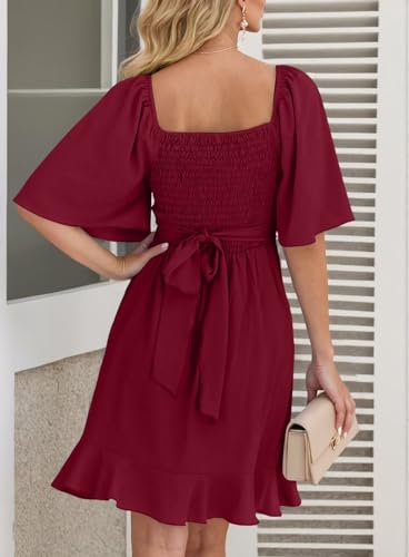 Dokotoo Womens Summer Wrap V Neck Short Flared Sleeve Smocked Elastic Waist Tiered Belted Ruffle Hem Mini Dress Wedding Guest Dresses for Women Ruby M