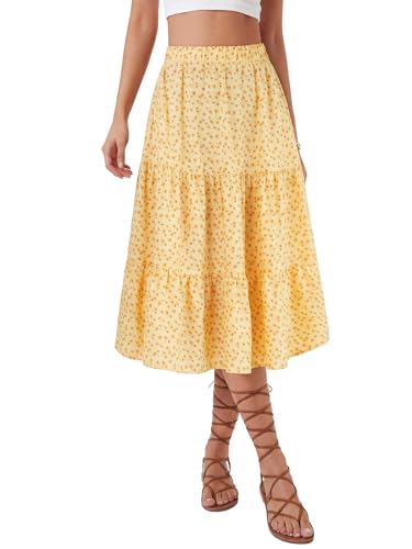 LYANER Women's Floral Print High Waisted A Line Tiered Ruffle Boho Swing Midi Skirts with Pockets Light Yellow Floral Print Small