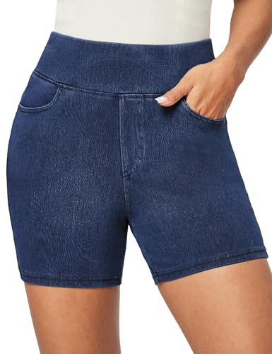 IUGA Stretchy Jean Shorts for Women High Waisted Pull On Jorts with Pockets Denim Shorts Women Summer Casual Shorts 2026 (Dark Blue, X-Large)