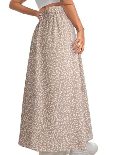 Avanova Women Boho Floral Slit Maxi Skirt Split Thigh High Waisted Long Skirts Apricot Medium