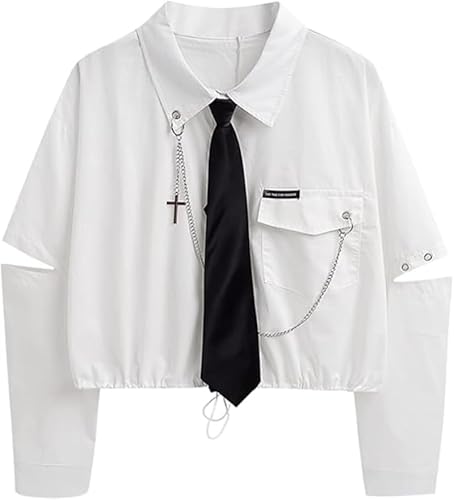 Women's Alt Emo Gothic Blouse Button Down Shirt Aesthetic Japanese Harajuku Streetwear Techwear Preppy Clothes (White,Small)