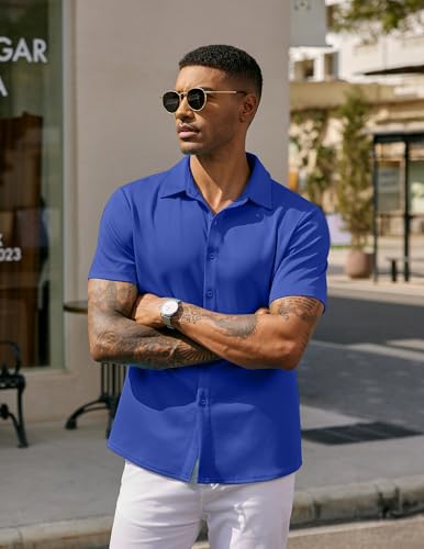 COOFANDY Men's Untucked Shirts Short Sleeve Regular Fit Summer Button Down Shirts Classic Blue XXL