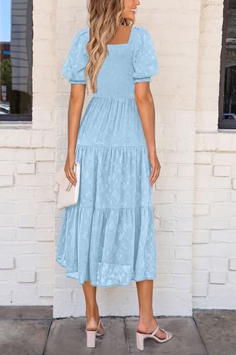 PRETTYGARDEN Women's 2026 Summer Casual Midi Dresses Square Neck Short Sleeve Smocked A Line Floral Flowy Elegant Boho Dress (Light Blue,Small)