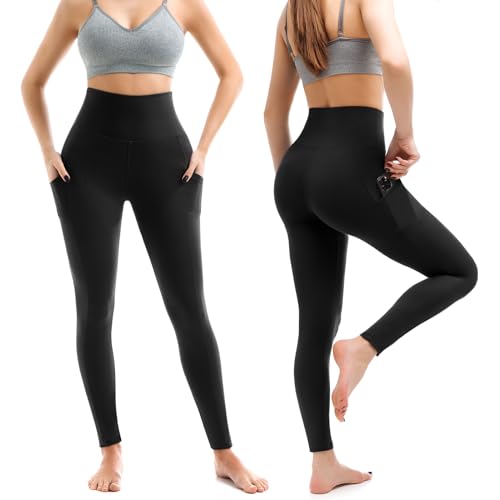 Leafigure 2 Pack Leggings with Pockets for Women, High Waisted Soft Leggings for Yoga Gym Black SM