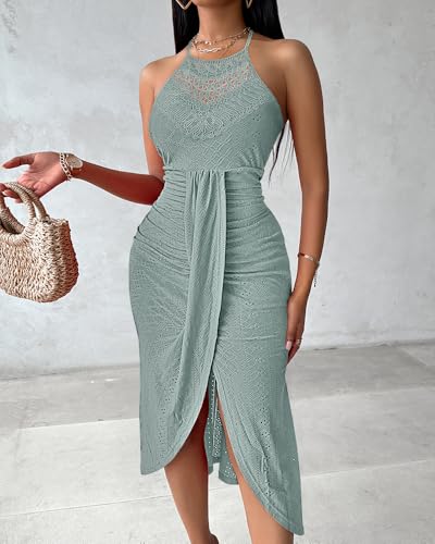 CHICME Womens Holiday Beach Dress Halter Hollow-Out A Line Dress Maxi Sundress Vacation Dresses-GR-M Green