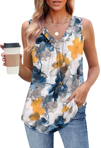 OFEEFAN Summer Outfits for Women Fashion Clothing Tank Tops Loose Fit Workout Sleeveless Tops Patterned-Flower L