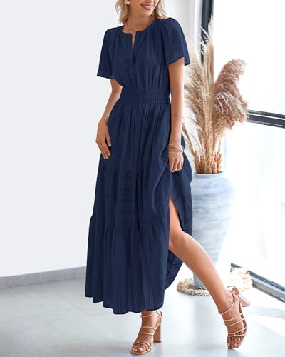 BTFBM Womens Summer 2026 Casual Midi Maxi Dresses Lightweight Short Sleeve V Neck Elastic Waist Boho Beach Dress Pockets(Navy, Medium)