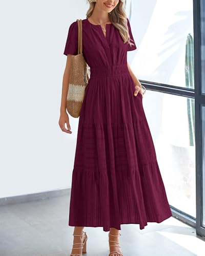 BTFBM Womens Summer 2026 Casual Midi Maxi Dresses Lightweight Short Sleeve V Neck Elastic Waist Boho Beach Dress Pockets(Wine Red, Large)
