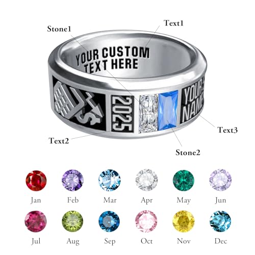MEIDERBO Personalized Class Ring High School College Custom Birthstone Rings 925 Sterling Silver Engraved 2025 Graduation Jewelry Gifts for Men Size 4-15