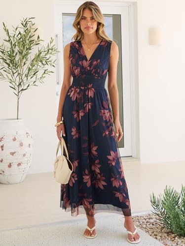 ANRABESS Womens Summer Floral Maxi Dress, A Line Tulle,Elegant for Wedding Guest & Beach Vacation,Flowy Casual Boho Outfits Brown Beige Floral Large