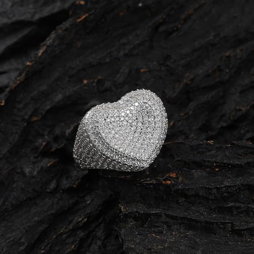 Gryvox Heart Shaped Moissanite Ring with Full Pavé Setting, Unisex Hip Hop Band with Comfort Fit, Romantic Gift for Couples and Lovers (White,7)