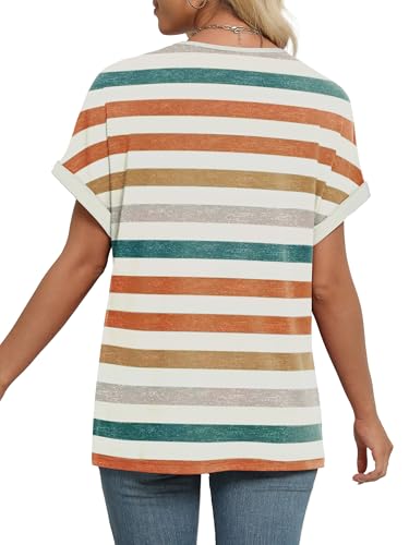 WIHOLL Plus Size Spring Clothes for Women 2026 Dressy Casual Short Sleeve Tops V Neck Shirts Business Beach Vacation Orange Stripes 2XL