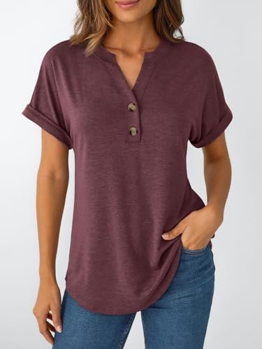 AUTOMET Women's Short Sleeve Shirts Henley Dressy Casual Summer Tops 2026 Spring Fashion Blouses Trendy Cute T-Shirts Business Work Outfits Clothes Wine L