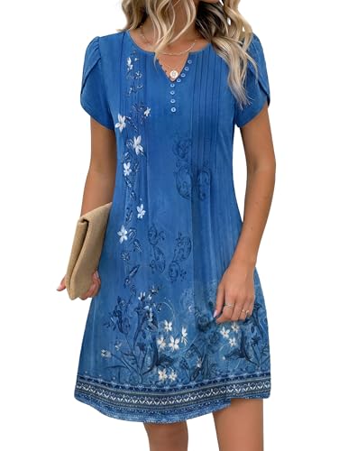 Zeagoo Spring Dresses for Women 2026 Womens Hawaiian Dresses Casual A Line Dress with Pockets Summer Bohemian Knee Length Loose Sundress Blue-PrintedL
