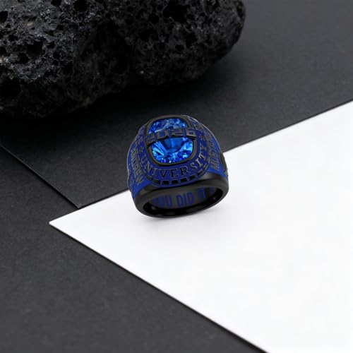 Lypic Personalized Class Ring for Men 925 Silver Sterling Black High School Rings with Birthstone Customized Graduation Ring for Men (Black, Fluted Blue) 02