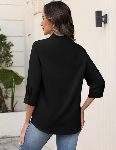 Zeagoo Womens Tops Three Quarter Sleeve Button Down Blouse V Neck Dress Shirts Spring Work Outfit Business Casual Clothes Black