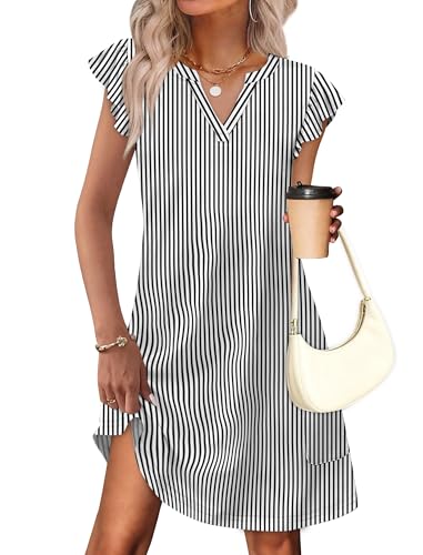 OFEEFAN Spring Summer Dresses for Women 2026 Casual Ruffle Sleeve V Neck Loose Swing Sundresses with Pockets Plain/Print