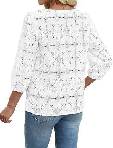 Sampeel Womens Tops 3/4 Length Sleeve T Shirts Spring Summer Tops 2026 Trendy Western Outfits Lace Dressy Casual Blouses Ladies Beach Vacation Clothes Boho Fashion Clothing Winter White M